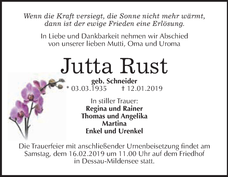 Traueranzeigen Von Jutta Rust Abschied Nehmen De