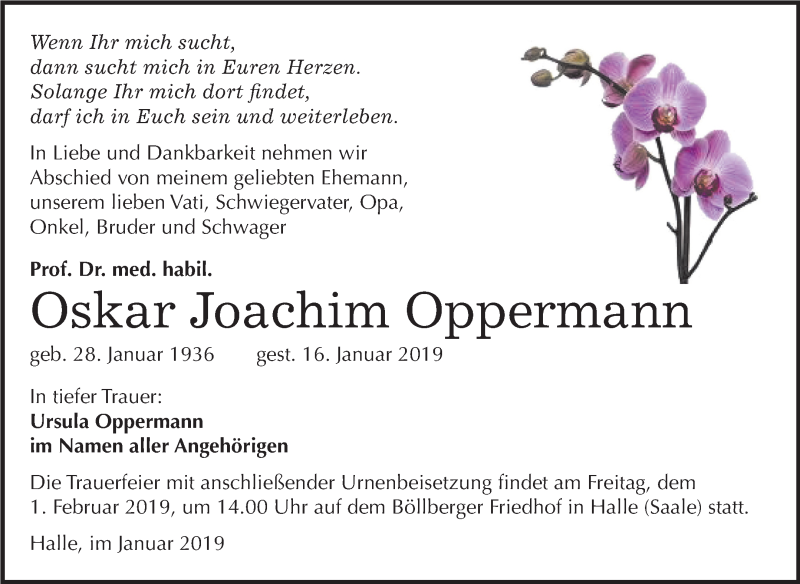 Traueranzeigen Von Oskar Joachim Oppermann Abschied Nehmen De