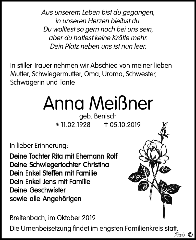 Traueranzeigen von Anna Meißner abschied nehmen de