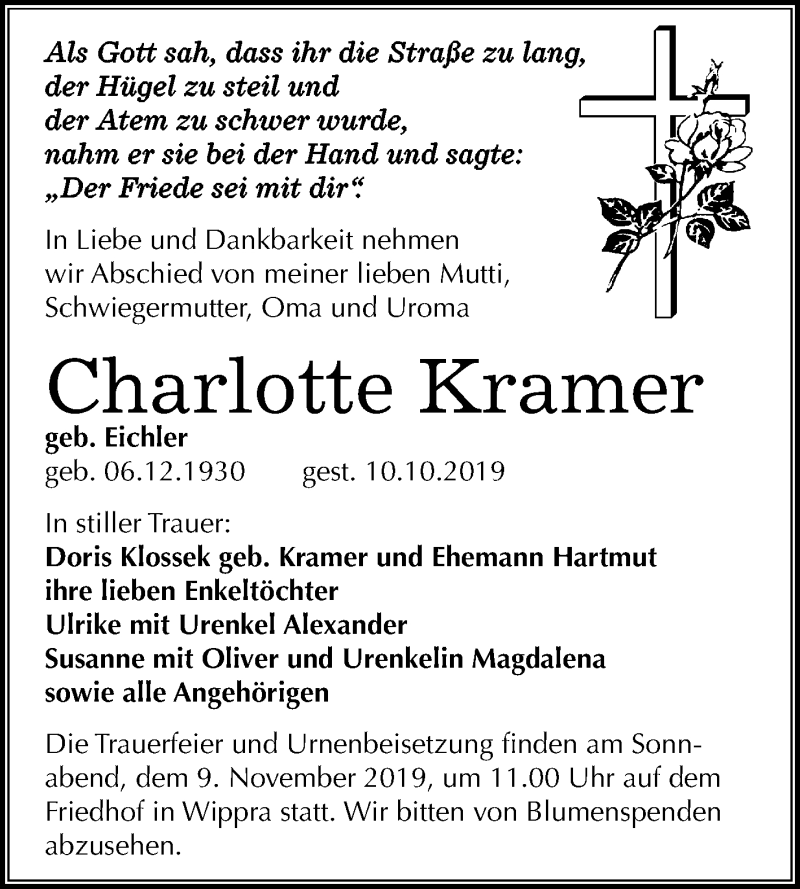 Traueranzeigen Von Charlotte Kramer Abschied Nehmen De