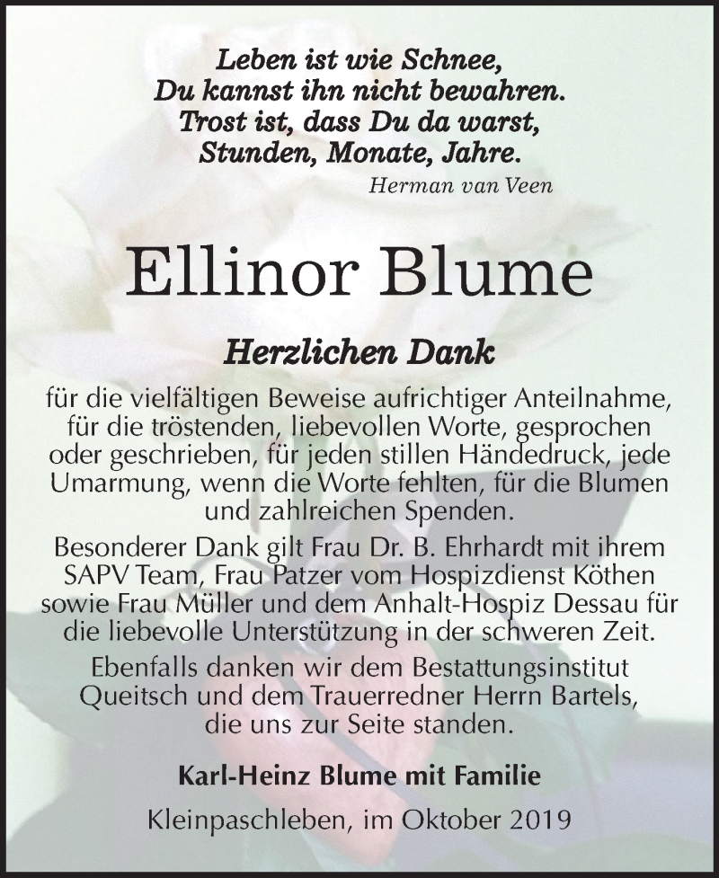 Traueranzeigen Von Ellinor Blume Abschied Nehmen De