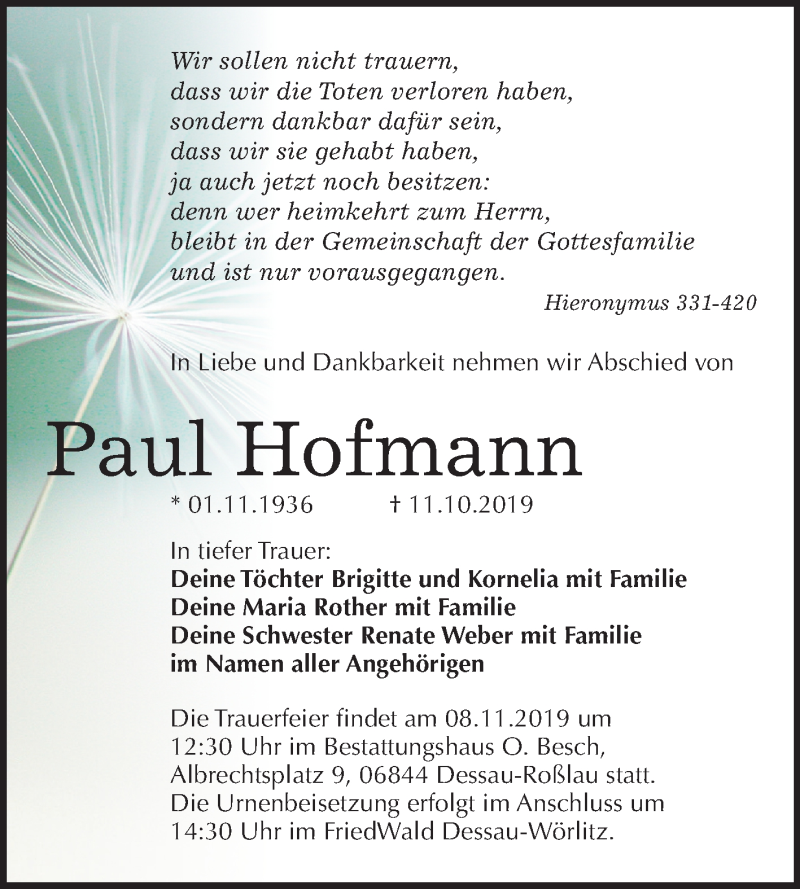 Traueranzeigen Von Paul Hofmann Abschied Nehmen De