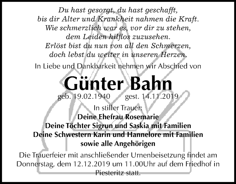 Traueranzeigen von Günter Bahn abschied nehmen de