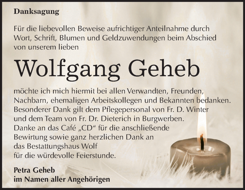 Traueranzeigen Von Wolfgang Geheb Abschied Nehmen De