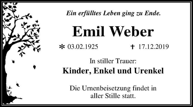 Traueranzeigen Von Emil Weber Abschied Nehmen De