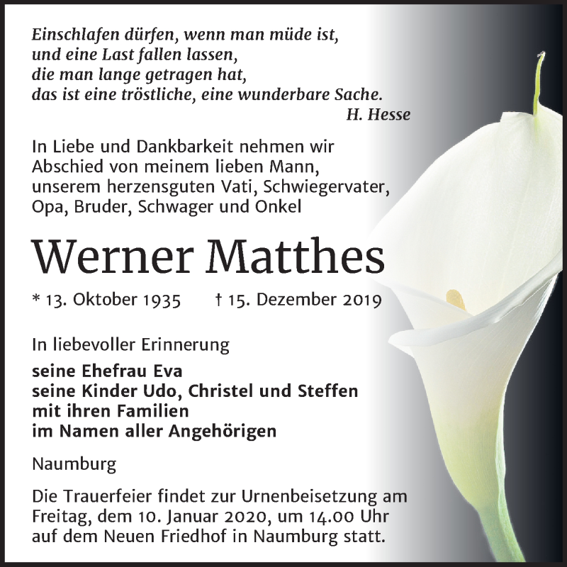 Traueranzeigen Von Werner Matthes Abschied Nehmen De