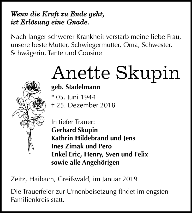 Traueranzeigen Von Anette Skupin Abschied Nehmen De