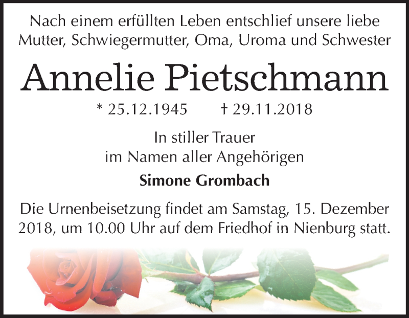 Traueranzeigen Von Annelie Pietschmann Abschied Nehmen De