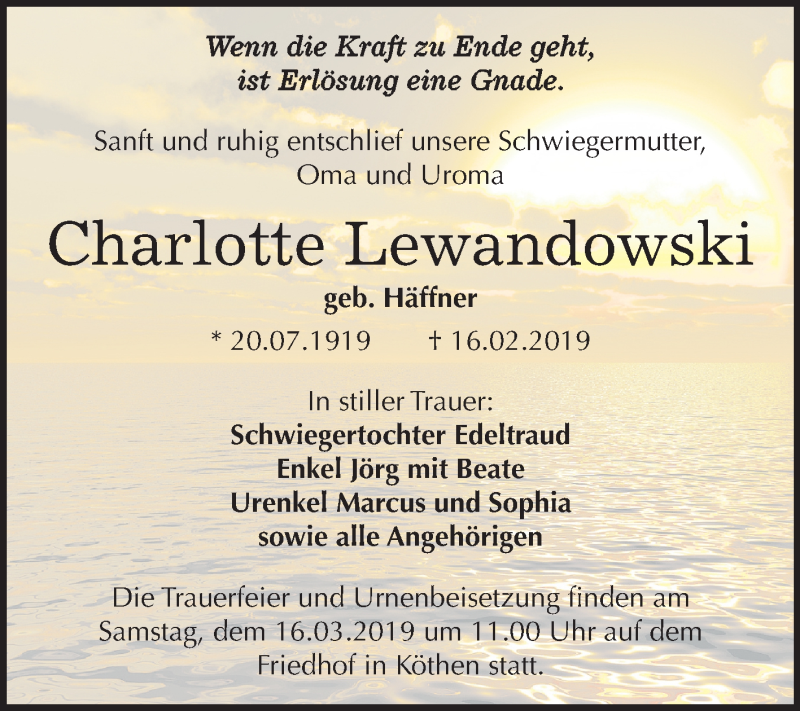 Traueranzeigen Von Charlotte Lewandowski Abschied Nehmen De