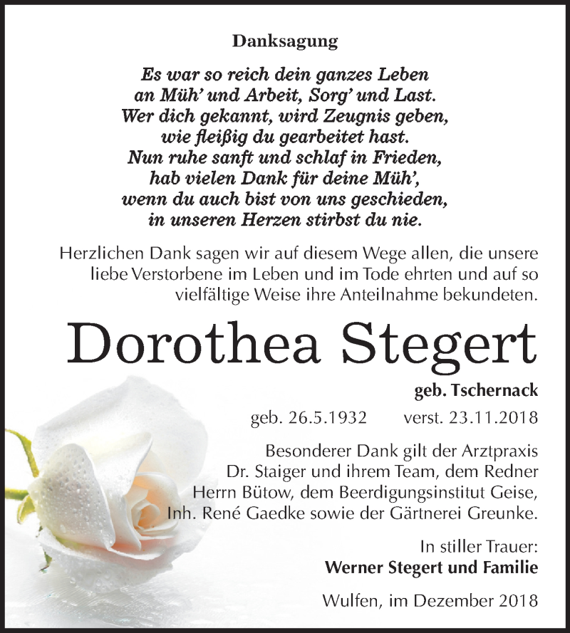 Traueranzeigen Von Dorothea Stegert Abschied Nehmen De