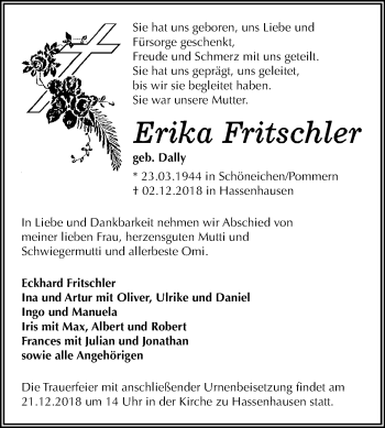 Traueranzeigen Von Erika Fritschler Abschied Nehmen De