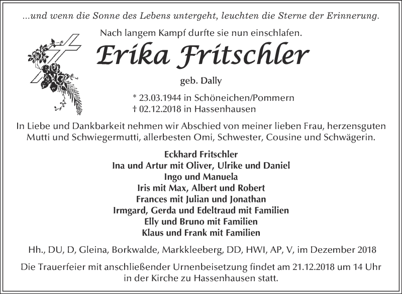 Traueranzeigen Von Erika Fritschler Abschied Nehmen De