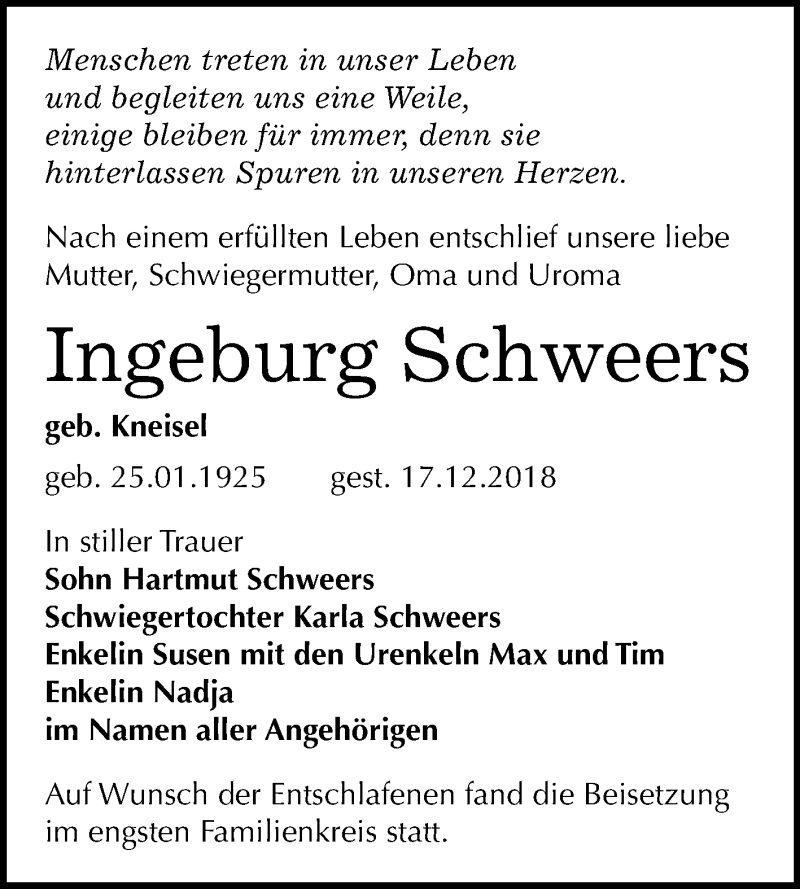 Traueranzeigen Von Ingeburg Schweers Abschied Nehmen De