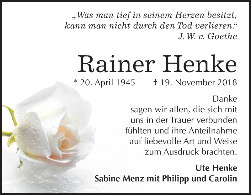 Traueranzeigen Von Rainer Henke Abschied Nehmen De