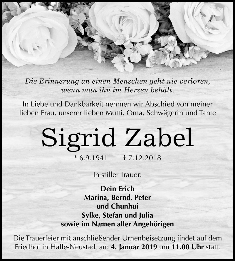 Traueranzeigen Von Sigrid Zabel Abschied Nehmen De