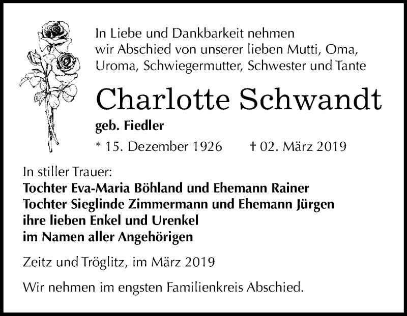 Traueranzeigen Von Charlotte Schwandt Abschied Nehmen De