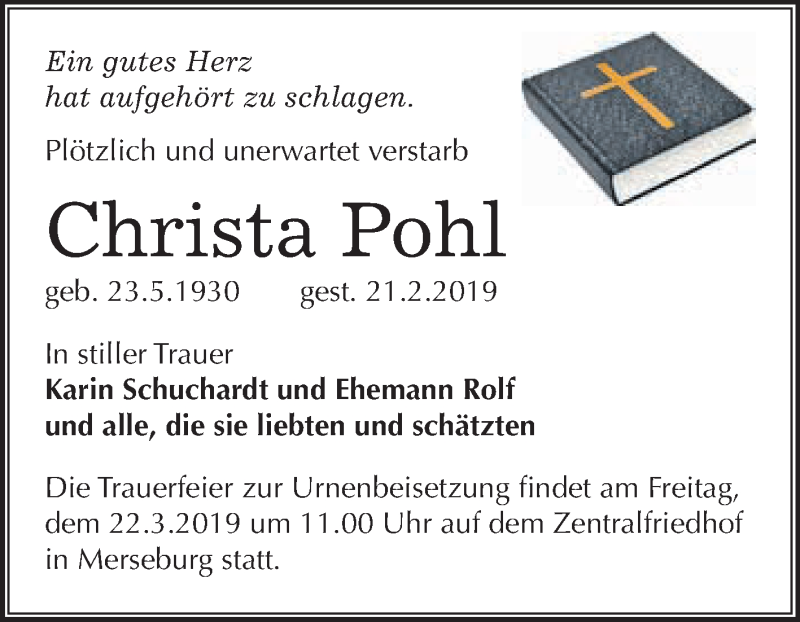 Traueranzeigen Von Christa Pohl Abschied Nehmen De