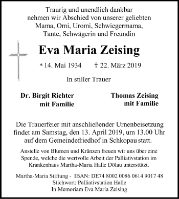 Traueranzeigen Von Eva Maria Zeising Abschied Nehmen De