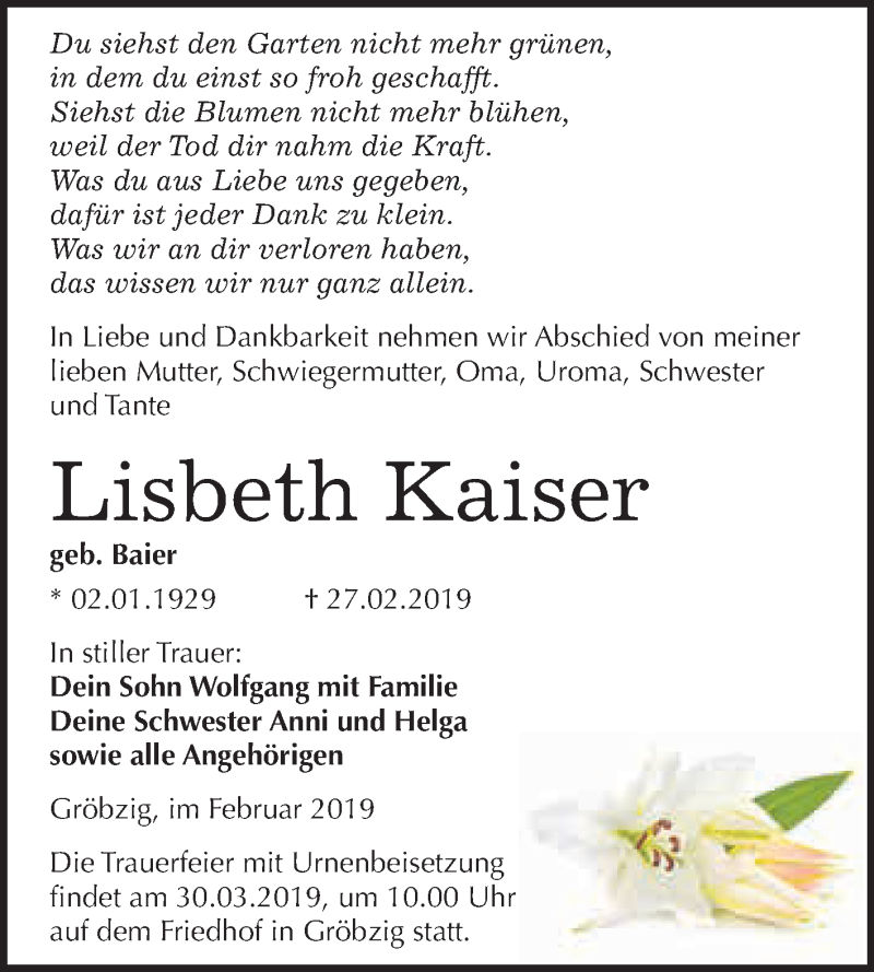 Traueranzeigen Von Lisbeth Kaiser Abschied Nehmen De