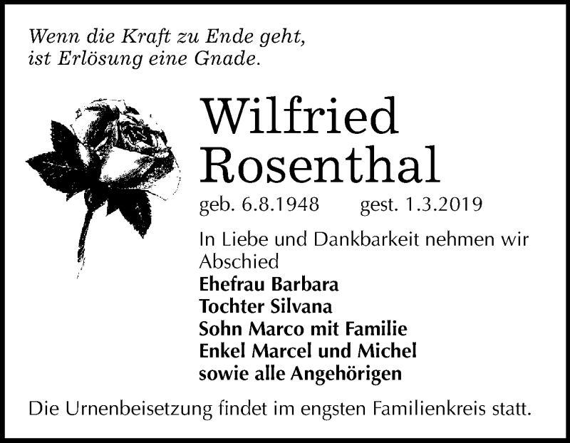 Traueranzeigen Von Wilfried Rosenthal Abschied Nehmen De