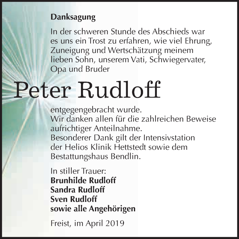 Traueranzeigen Von Peter Rudloff Abschied Nehmen De