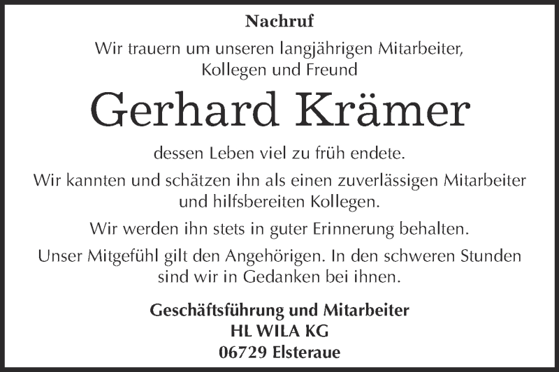 Traueranzeigen Von Gerhard Kr Mer Abschied Nehmen De