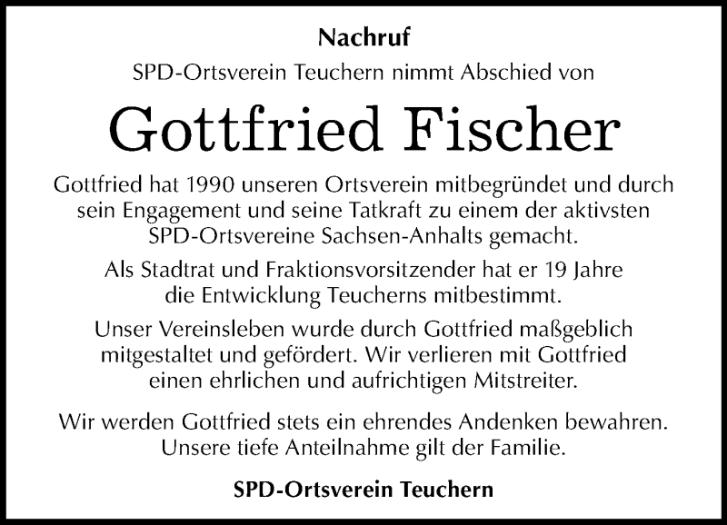 Traueranzeigen Von Gottfried Fischer Abschied Nehmen De