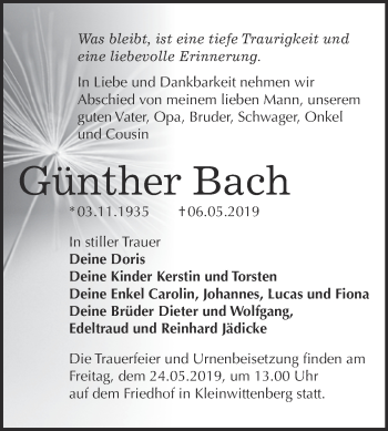 Traueranzeige von Günther Bach von WVG - Wochenspiegel Wittenberg