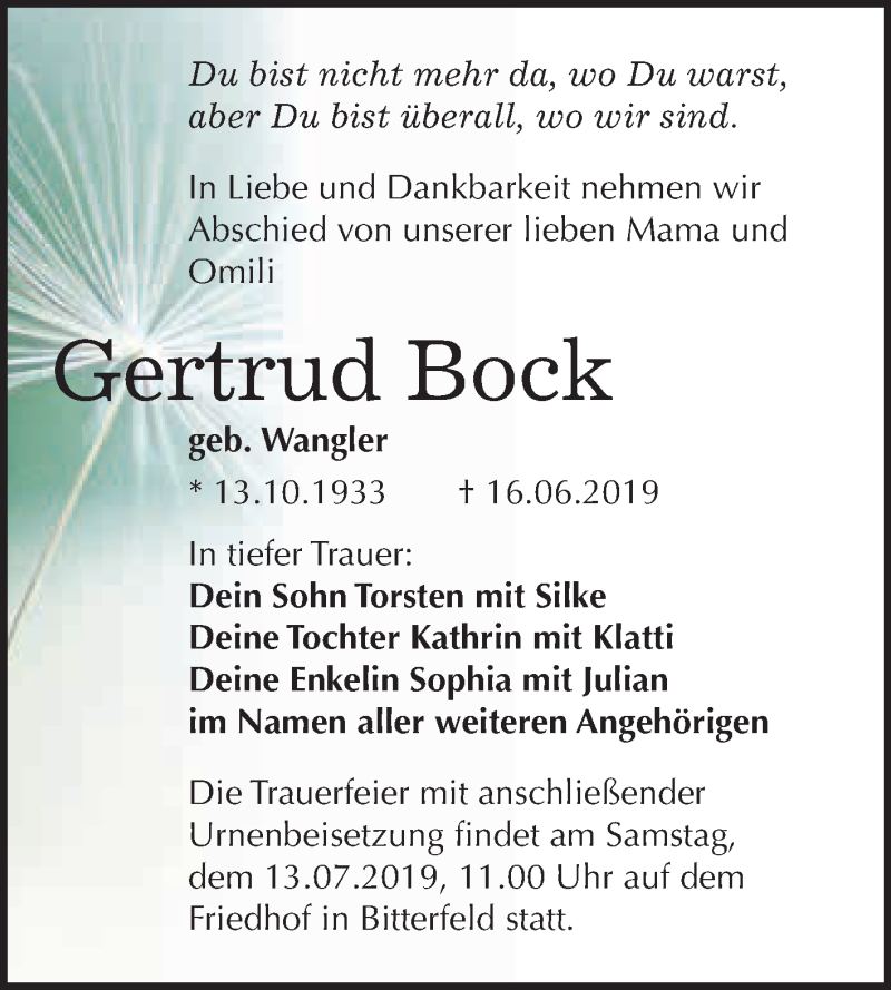 Traueranzeigen Von Gertrud Bock Abschied Nehmen De