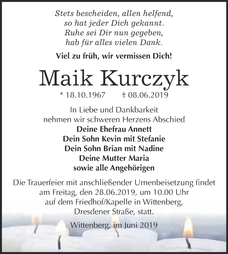 Traueranzeigen Von Maik Kurczyk Abschied Nehmen De