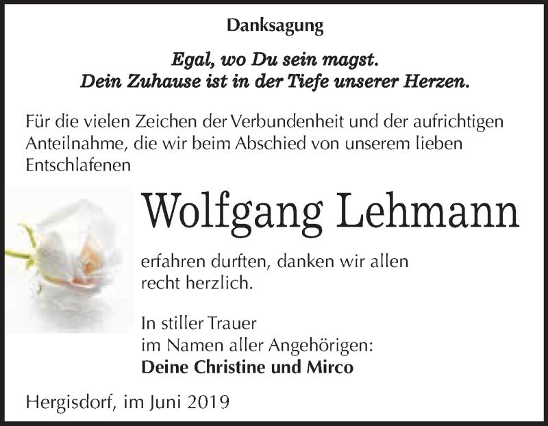 Traueranzeigen Von Wolfgang Lehmann Abschied Nehmen De