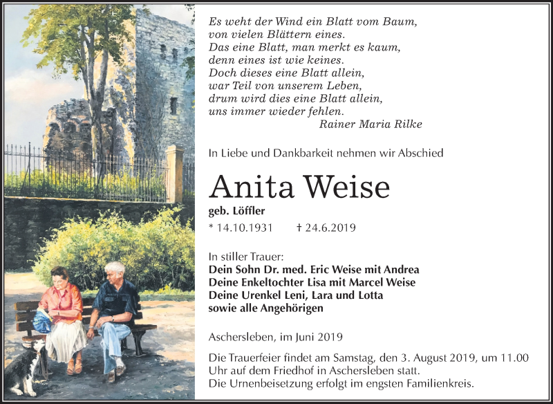 Traueranzeigen Von Anita Weise Abschied Nehmen De