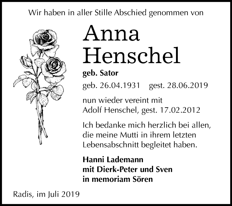 Traueranzeigen Von Anna Henschel Abschied Nehmen De