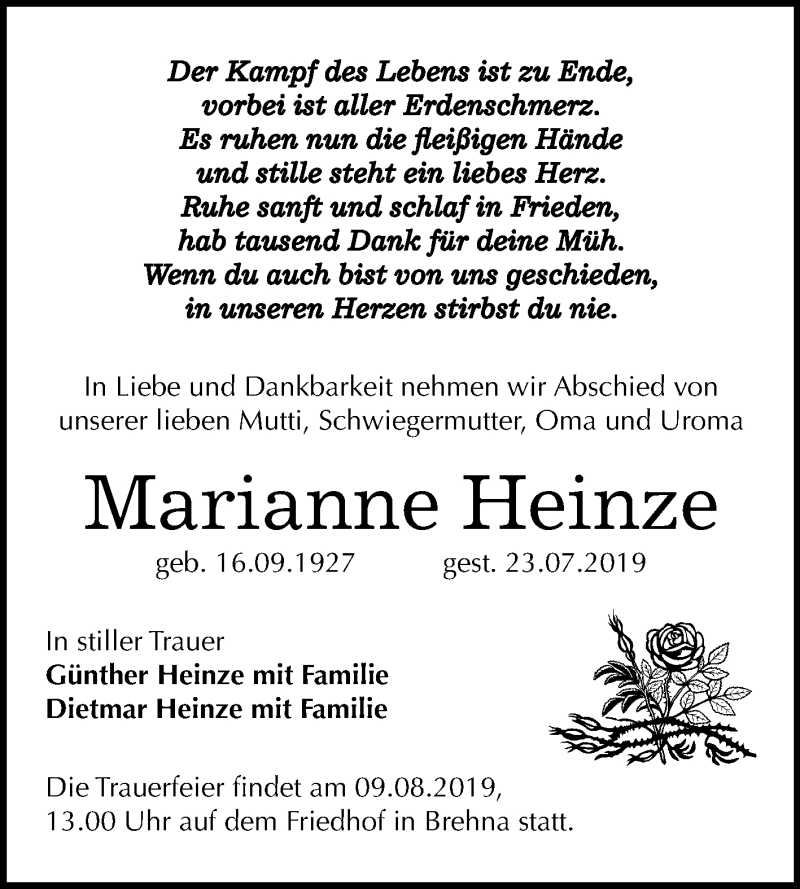 Traueranzeigen Von Marianne Heinze Abschied Nehmen De