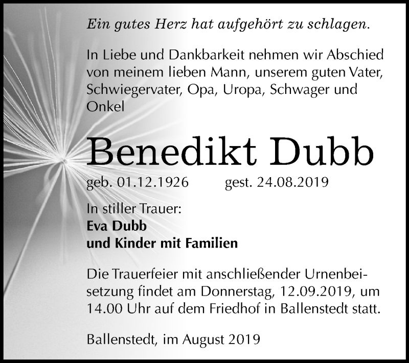 Traueranzeigen Von Benedikt Dubb Abschied Nehmen De