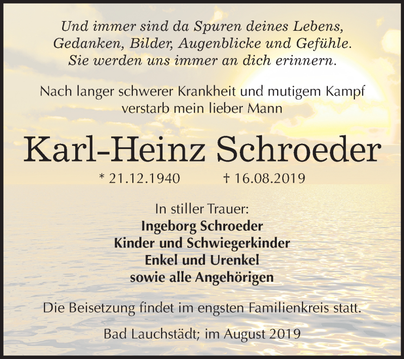 Traueranzeigen Von Karl Heinz Schroeder Abschied Nehmen De