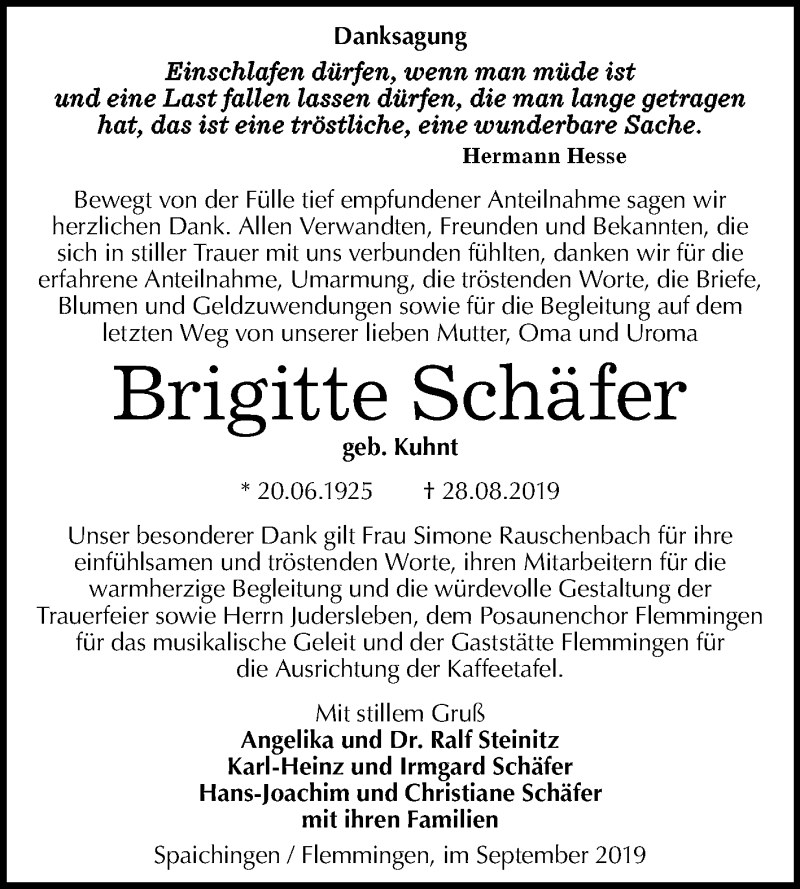 Traueranzeigen von Brigitte Schäfer abschied nehmen de