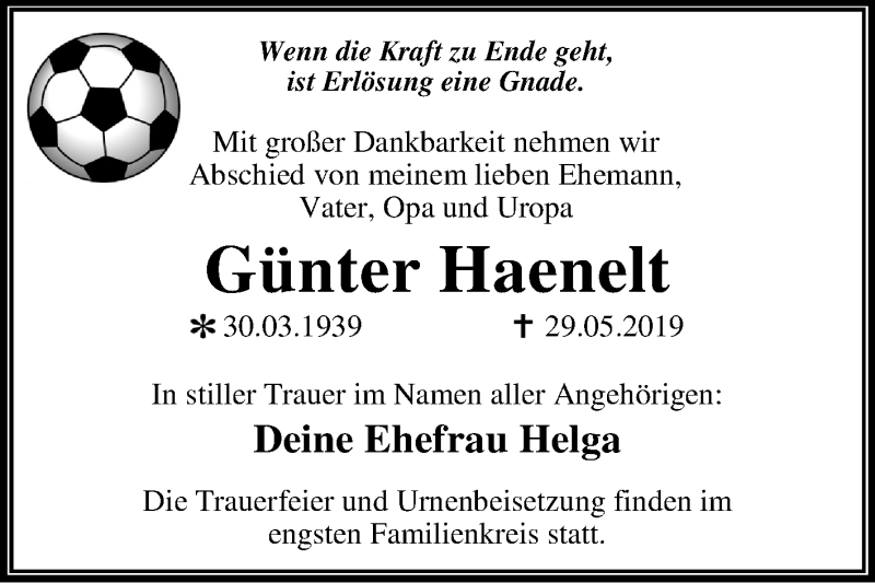 Traueranzeigen von Günter Haenelt abschied nehmen de