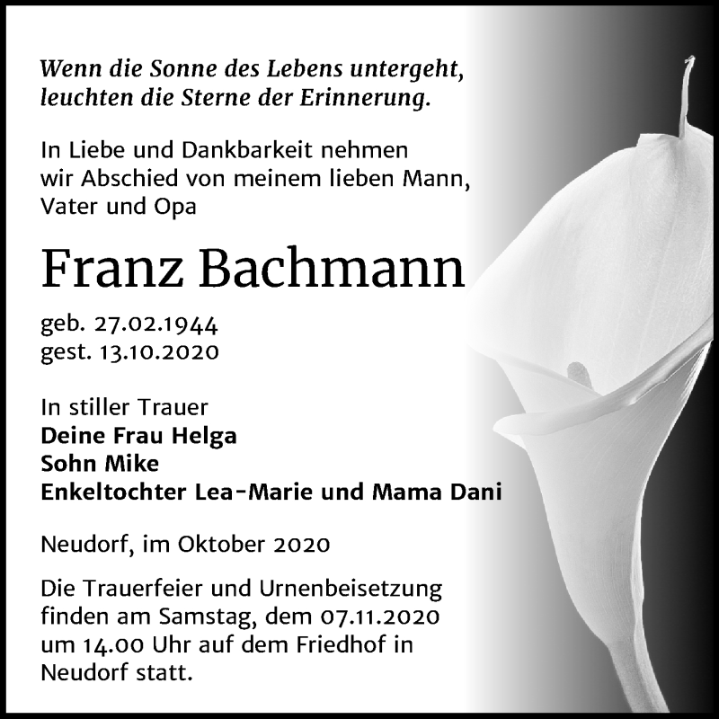 Traueranzeigen Von Franz Bachmann Abschied Nehmen De