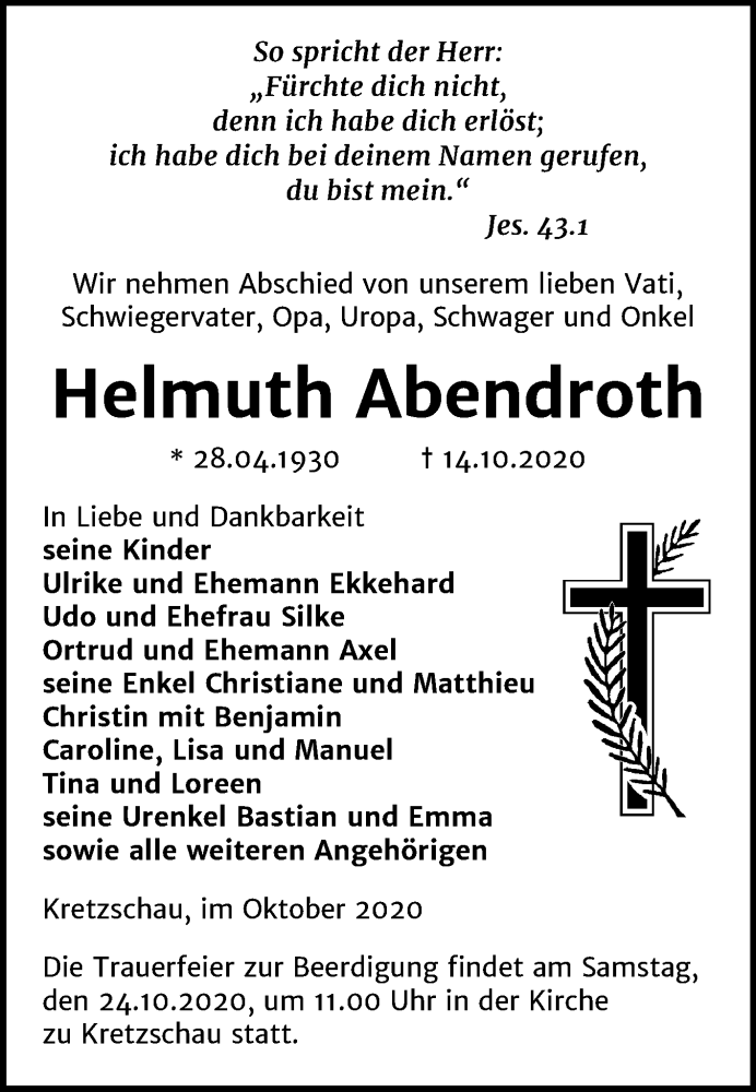 Traueranzeigen Von Helmuth Abendroth Abschied Nehmen De