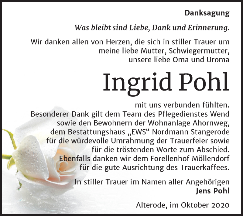 Traueranzeigen Von Ingrid Pohl Abschied Nehmen De