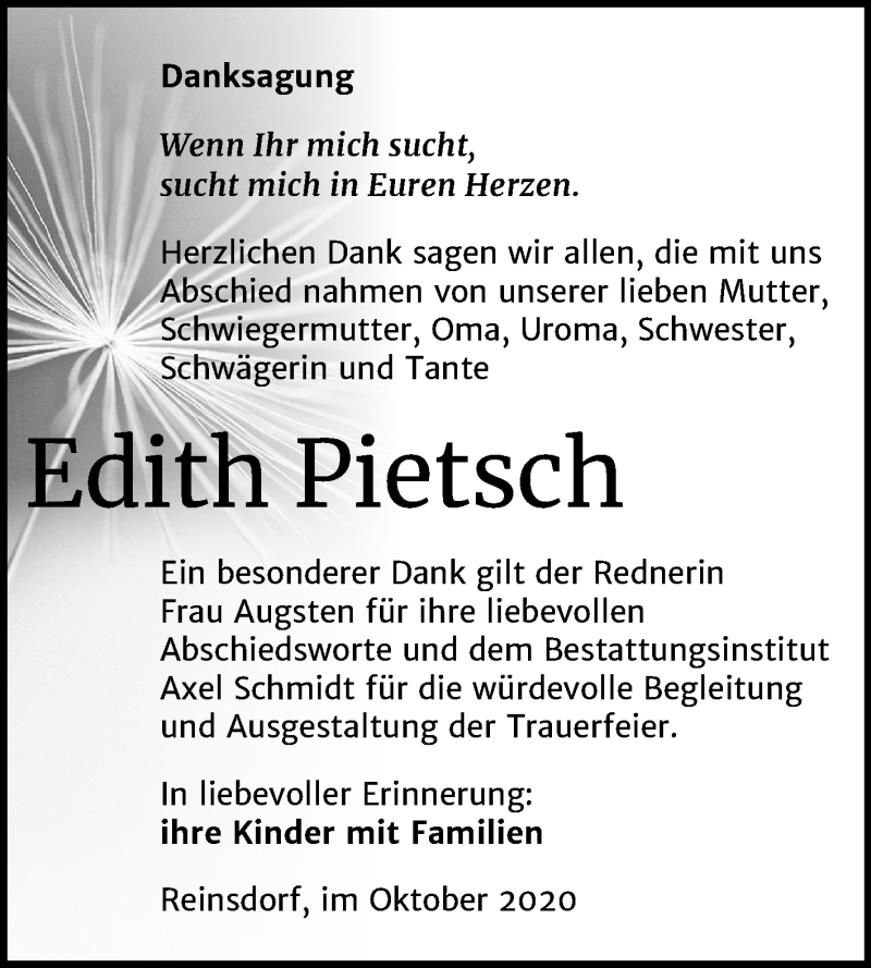 Traueranzeigen Von Edith Pietsch Abschied Nehmen De