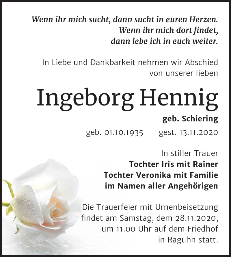 Traueranzeigen Von Ingeborg Hennig Abschied Nehmen De