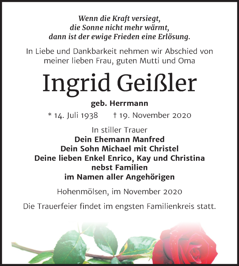 Traueranzeigen Von Ingrid Gei Ler Abschied Nehmen De