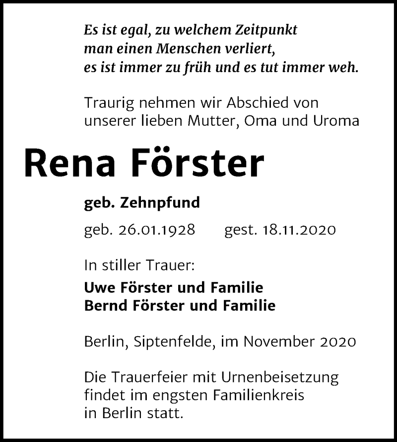 Traueranzeigen von Rena Förster abschied nehmen de