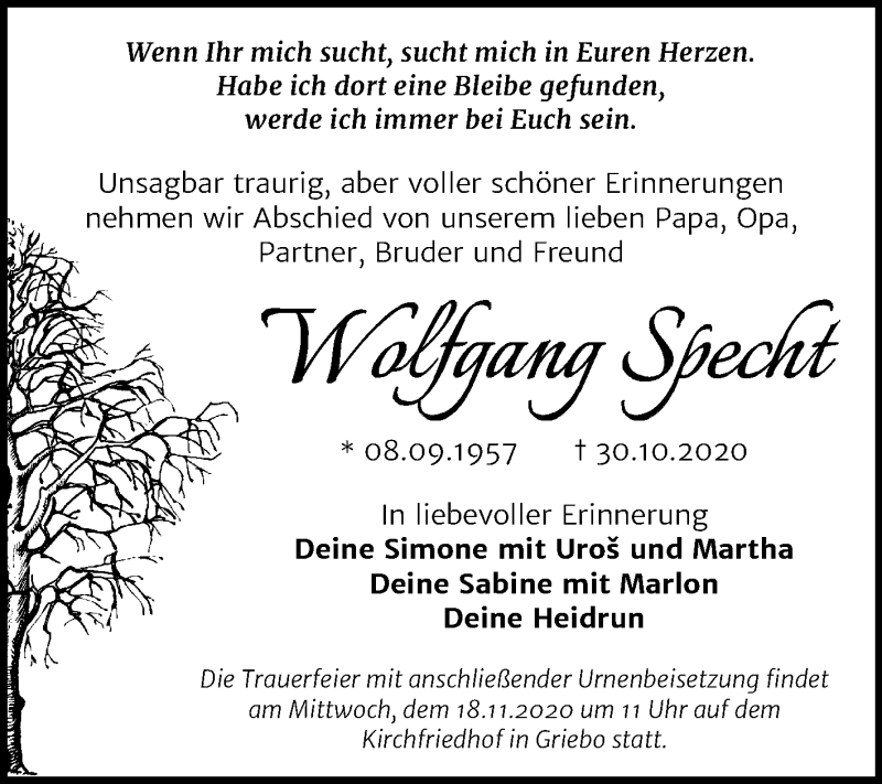 Traueranzeigen Von Wolfgang Specht Abschied Nehmen De