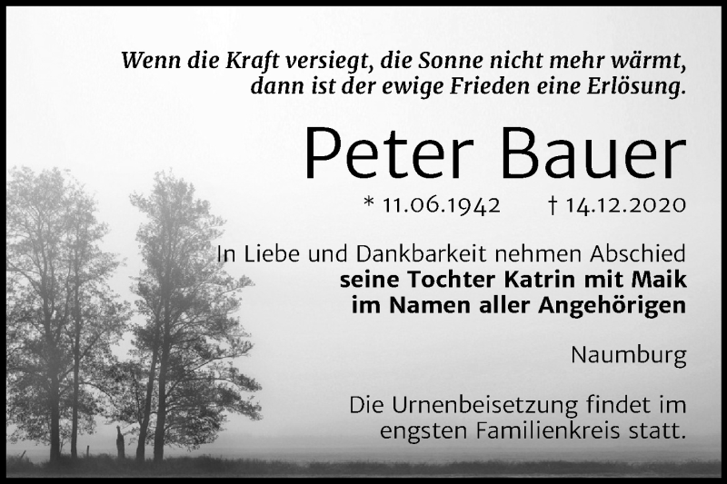 Traueranzeigen Von Peter Bauer Abschied Nehmen De