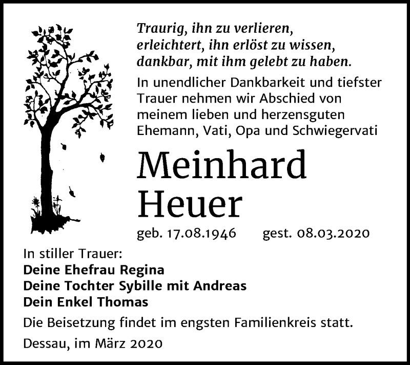 Traueranzeigen Von Meinhard Heuer Abschied Nehmen De