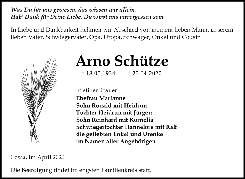 Traueranzeigen von Arno Schütze abschied nehmen de