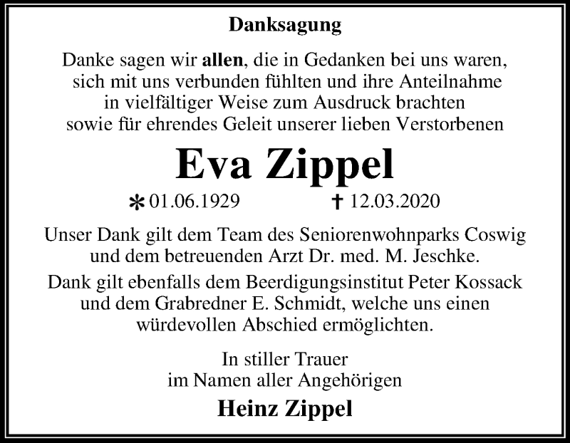 Traueranzeigen Von Eva Zippel Abschied Nehmen De